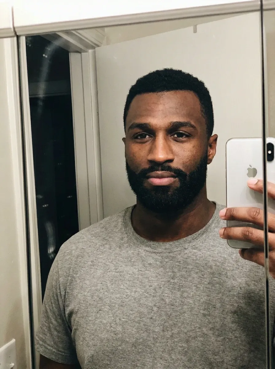 Original selfie input — bearded man in a gray sweater, mirror selfie